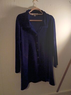 Velvet Button-Front Long-Sleeve Blouse in Deep Blue